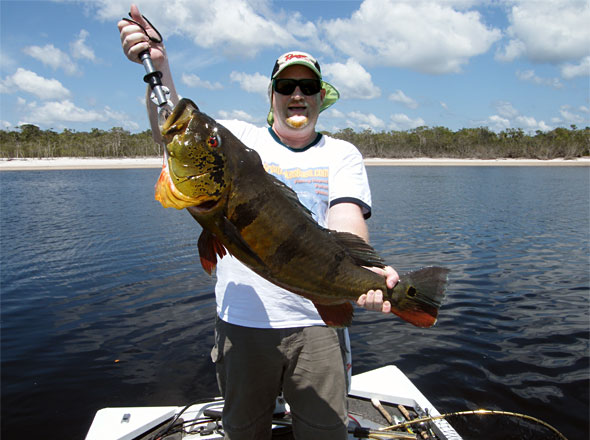 Dan Kimmel with his biggest peacock bass of the 2010 trip, an 18-pound Speckled Peacock caught along a river sandbar break on a big woodchopper topwater.